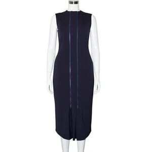 Poppyseed Bodycon Dress XS Blue Sleeveless Zip Front Slit Midi Fitted Made USA